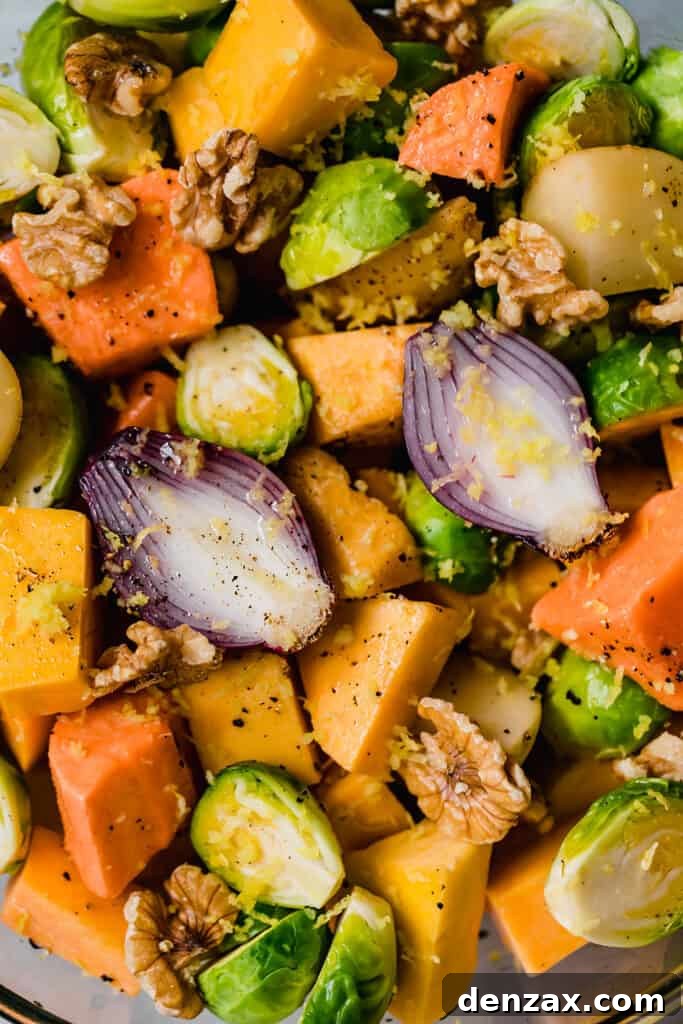 Chopped root vegetables tossed with olive oil and chopped walnuts.