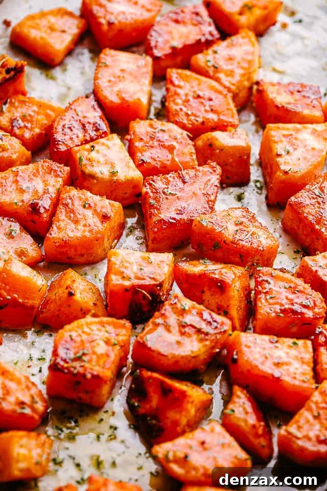 Close-up overhead shot of a serving of golden roasted sweet potatoes, garnished with fresh herbs.