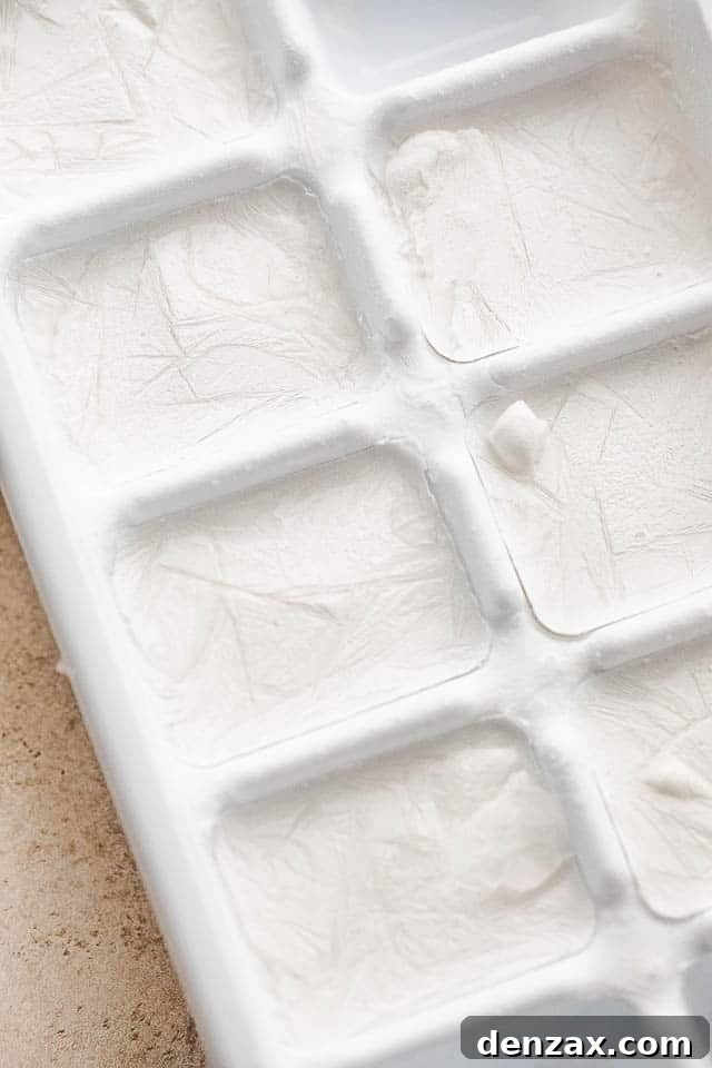 An ice cube tray filled with solid frozen coconut milk cubes, ready for blending into a festive margarita.