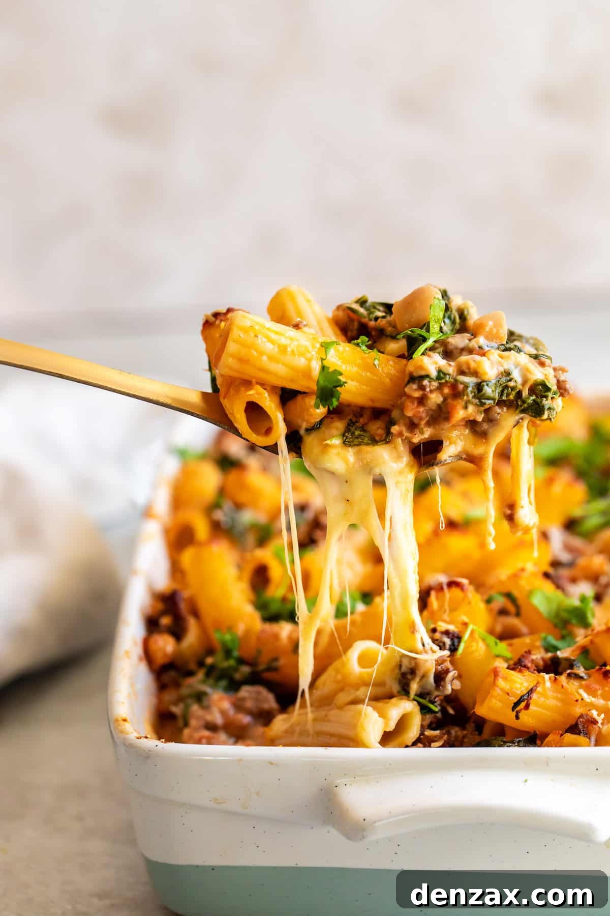 A close-up of a serving spoon scooping out a portion of Tuscan Baked Rigatoni from the baking dish, highlighting the creamy texture.