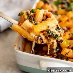 The finished Tuscan Baked Rigatoni, golden and bubbly, with a rustic, comforting appearance.