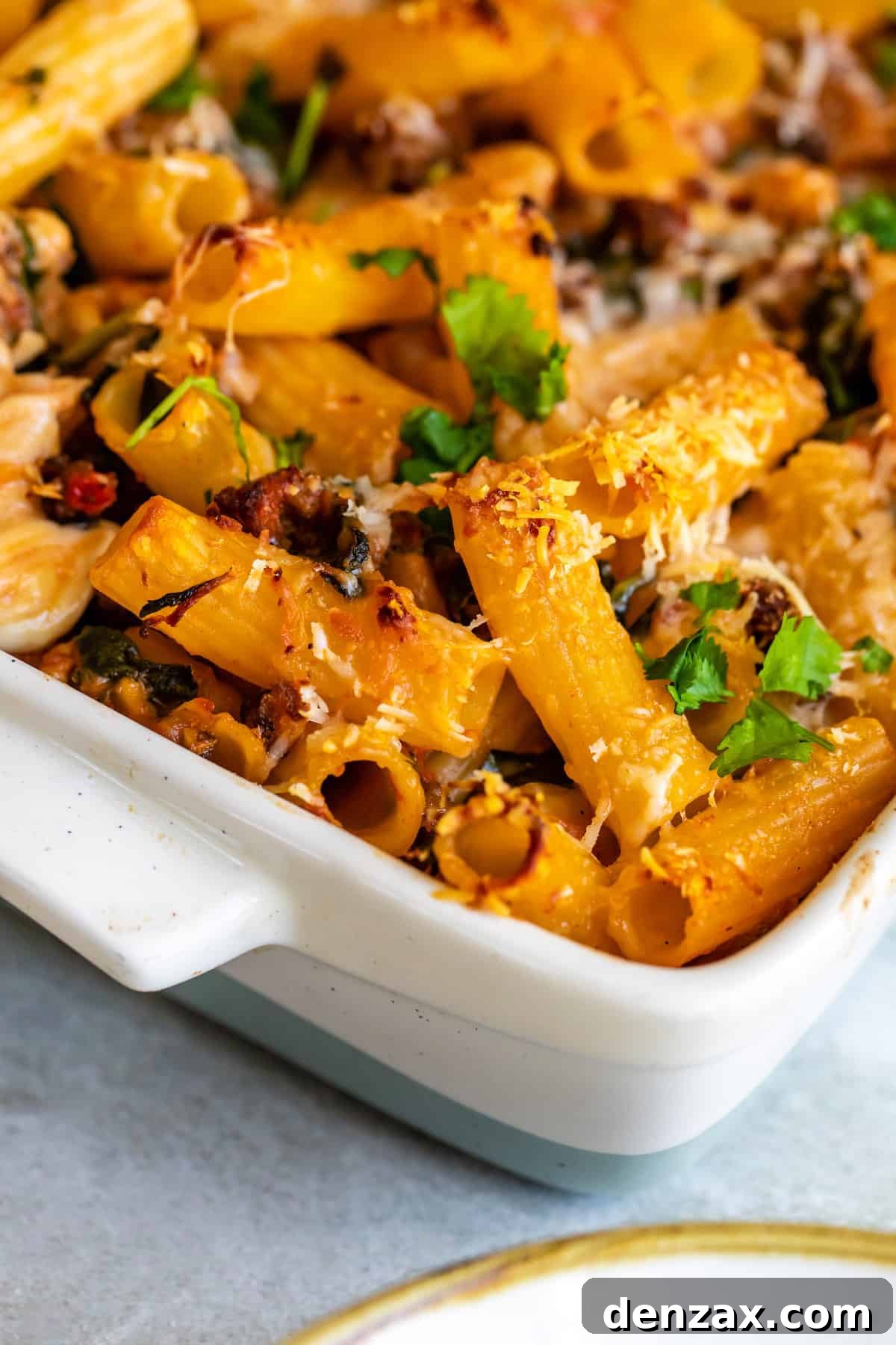 A close-up of a serving of Tuscan Baked Rigatoni, showing the layers of pasta, meat sauce, and cheese scooped onto a plate.