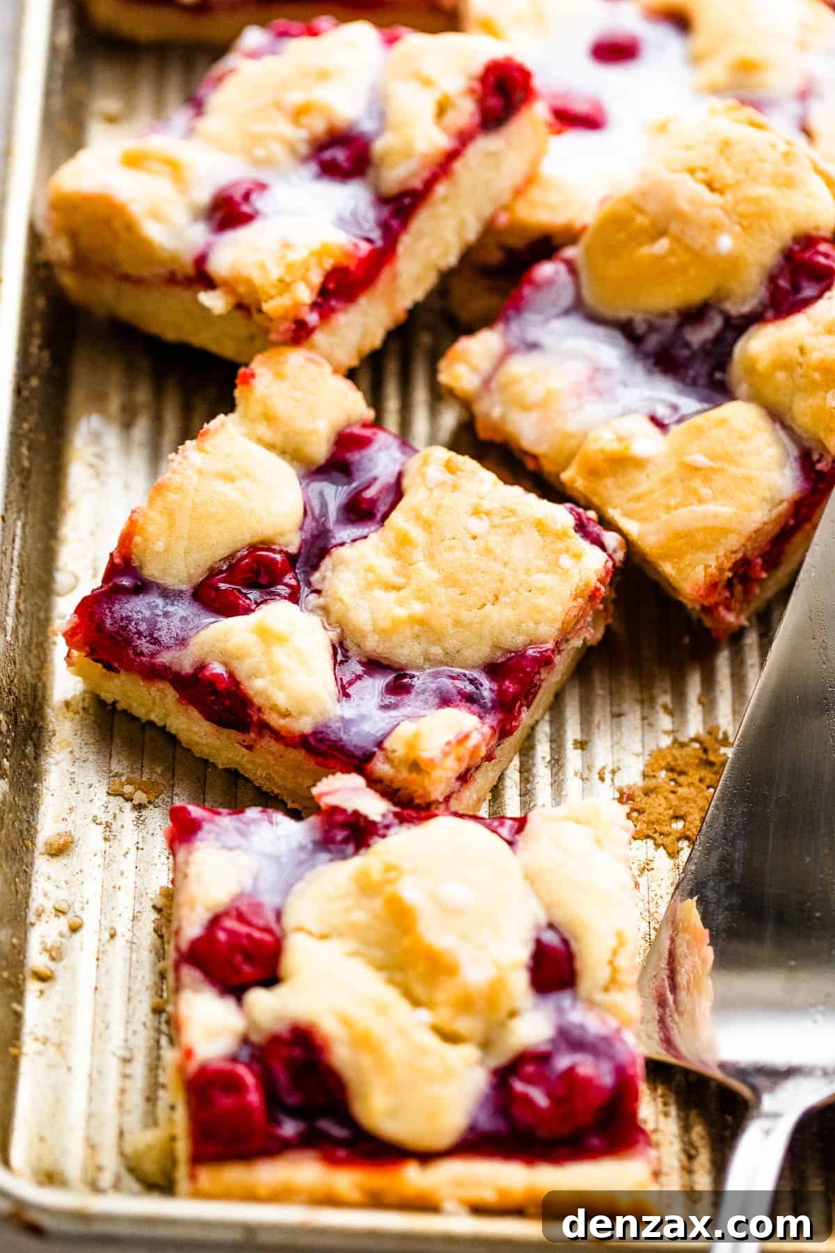 Pan of Cherry Kuchen Bars Topped with Glaze