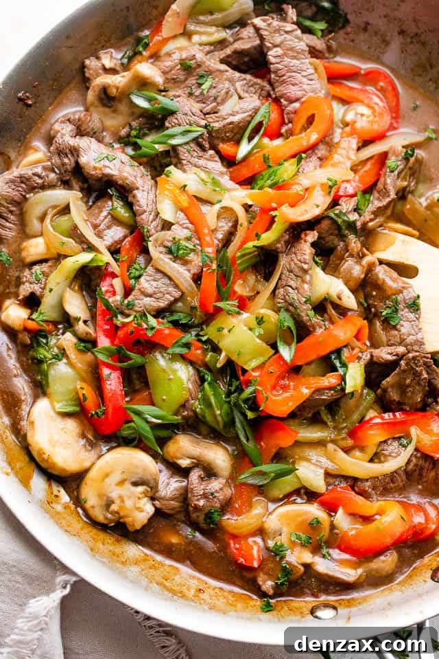 Glazed Honey Balsamic Beef Stir Fry 2 overhead shot of skillet with beef stir fry