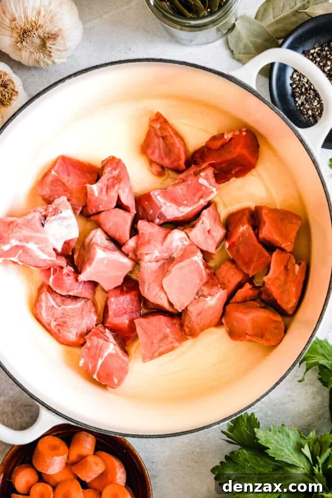 Beef chunks seasoned and ready to be seared in a skillet, showcasing the initial step of preparing the stew.