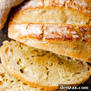 overhead shot of sliced dutch oven bread