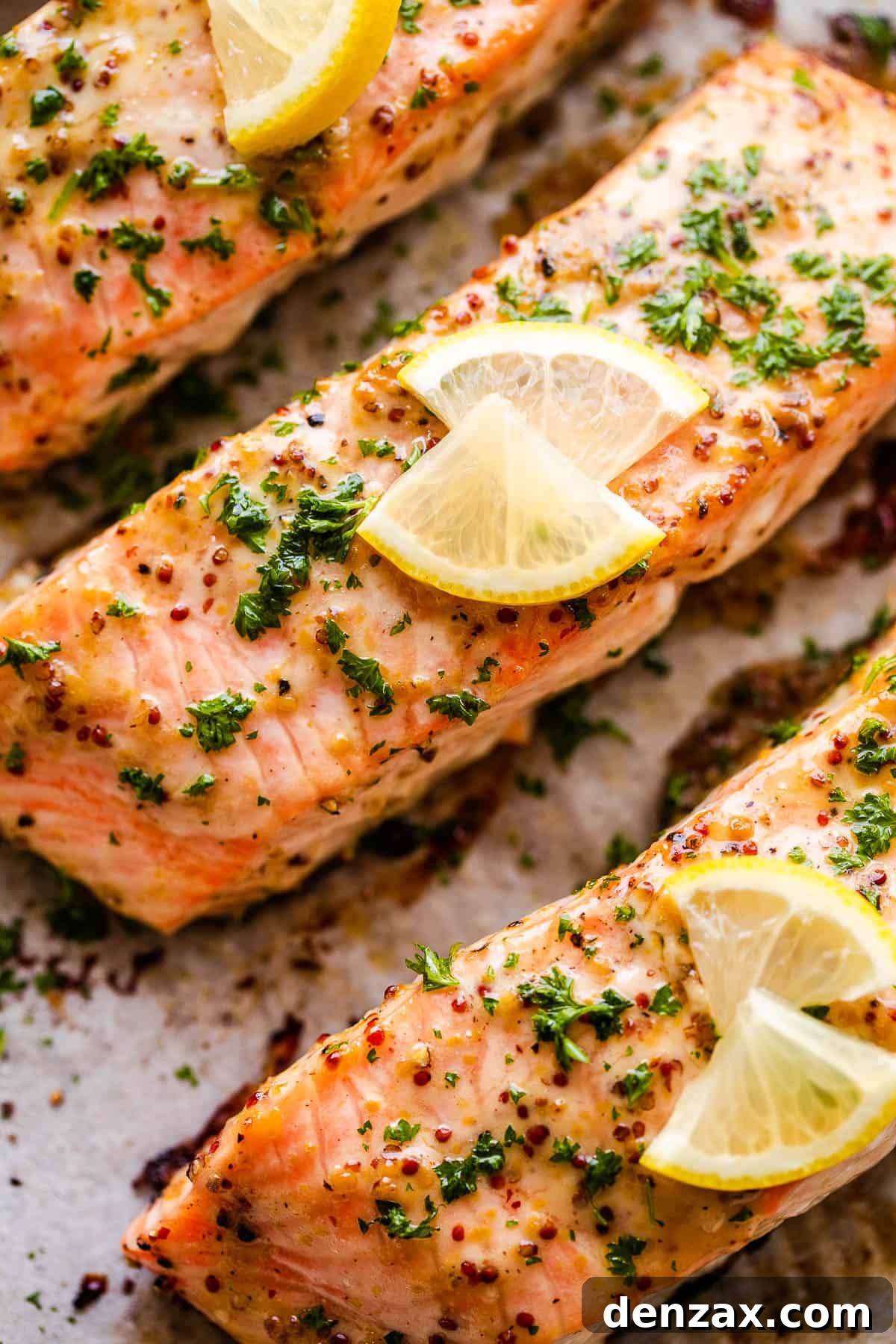 This baked Maple Mustard Salmon recipe is lightly seasoned, then brushed with a sweet and tangy sauce made from maple syrup and Dijon mustard! up close photo of maple mustard salmon fillets garnished with parsley and lemon slices