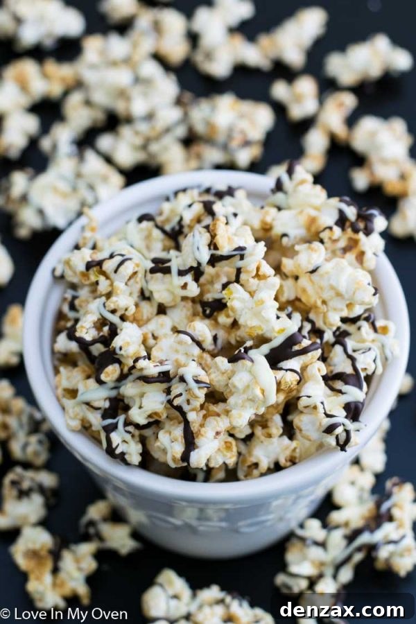 Black and White Popcorn drizzled with dark and white chocolate