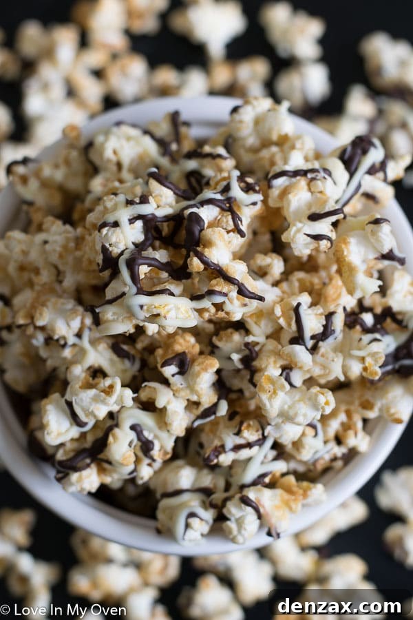 Black and white popcorn artfully arranged in a bowl