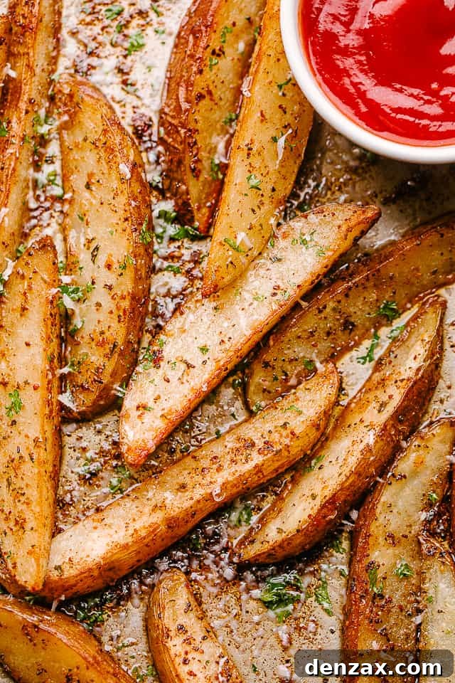 Baked potato wedges on a baking sheet.