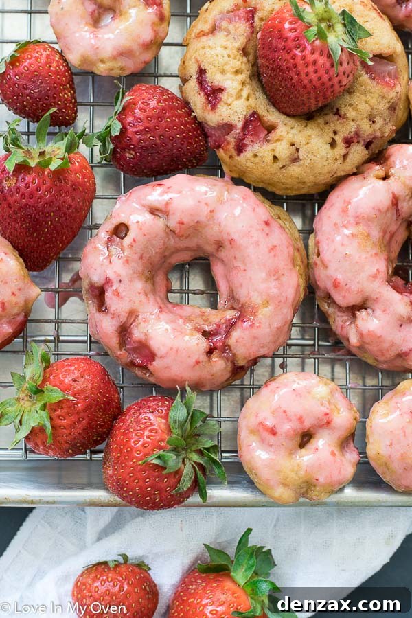 close up of glazed baked strawberry donuts