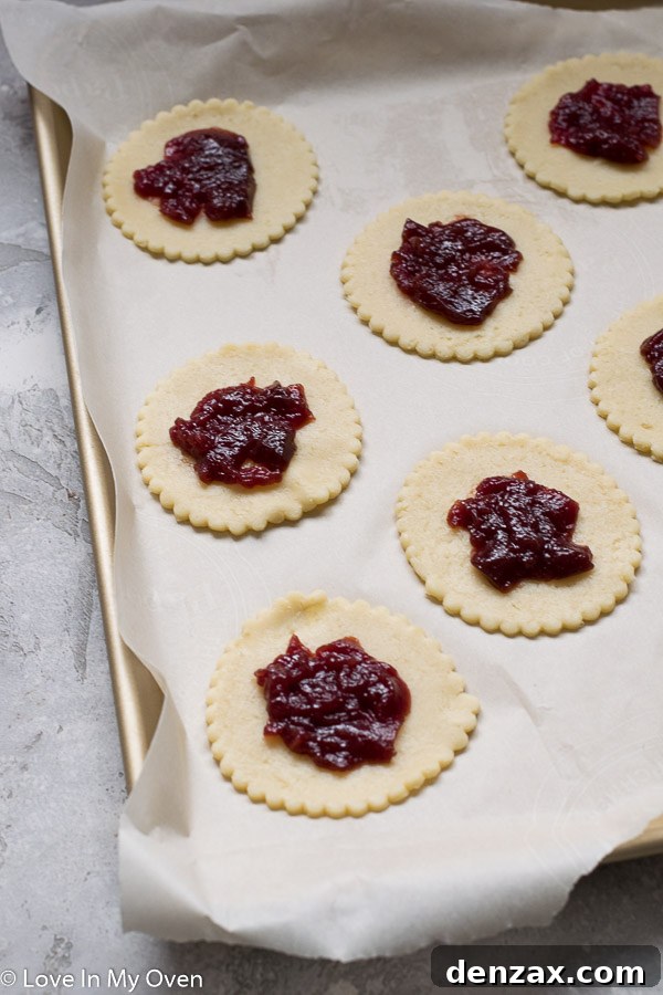 Close-up of crimped raspberry cookies