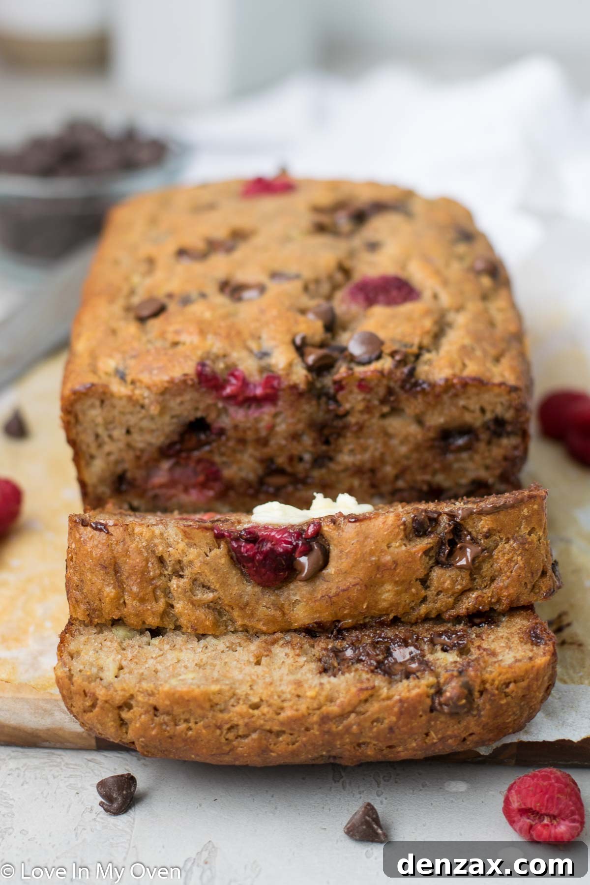 Slice of Raspberry Banana Bread with Chocolate Chips