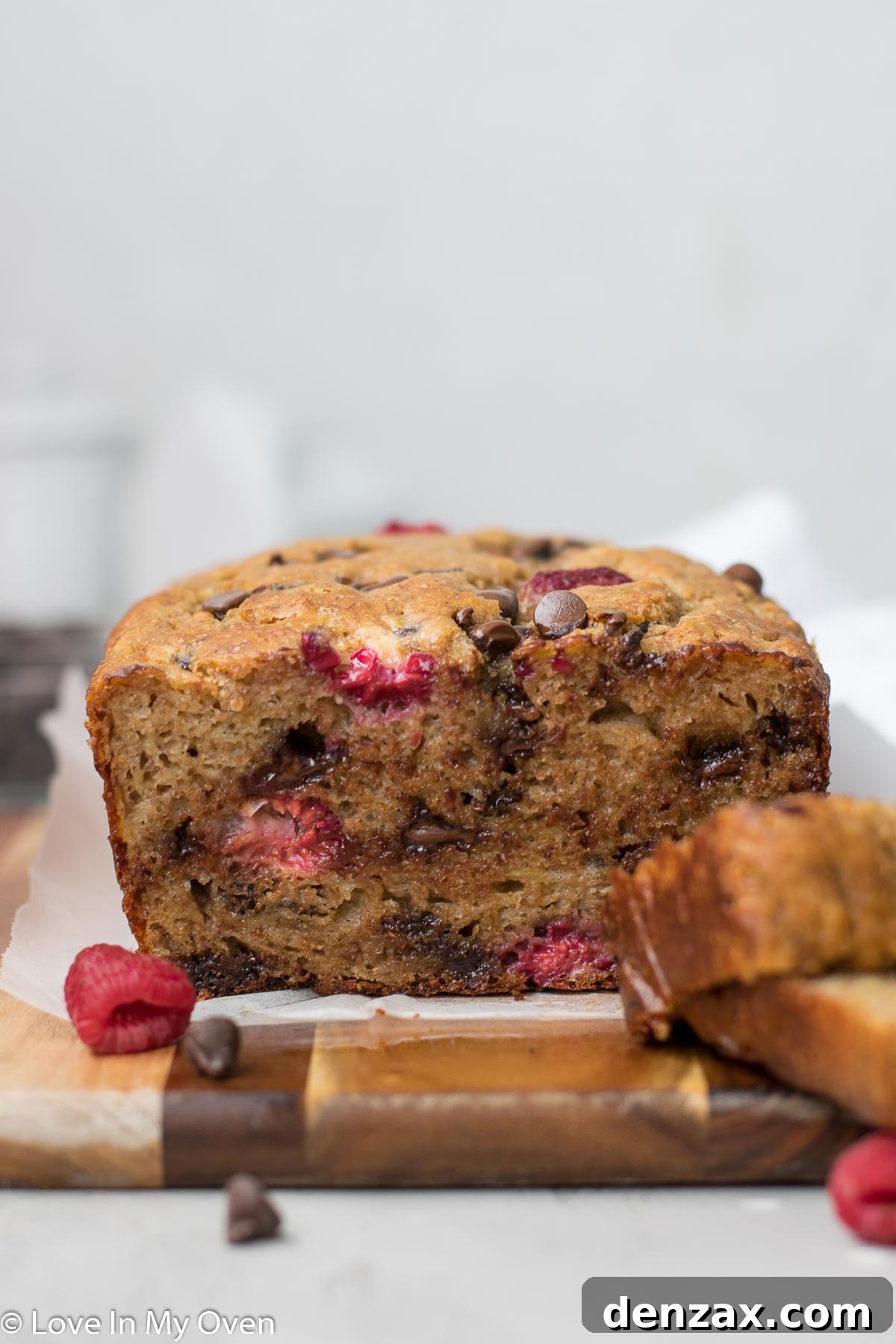 Close-up of Raspberry and Chocolate Chip Swirl in Banana Bread