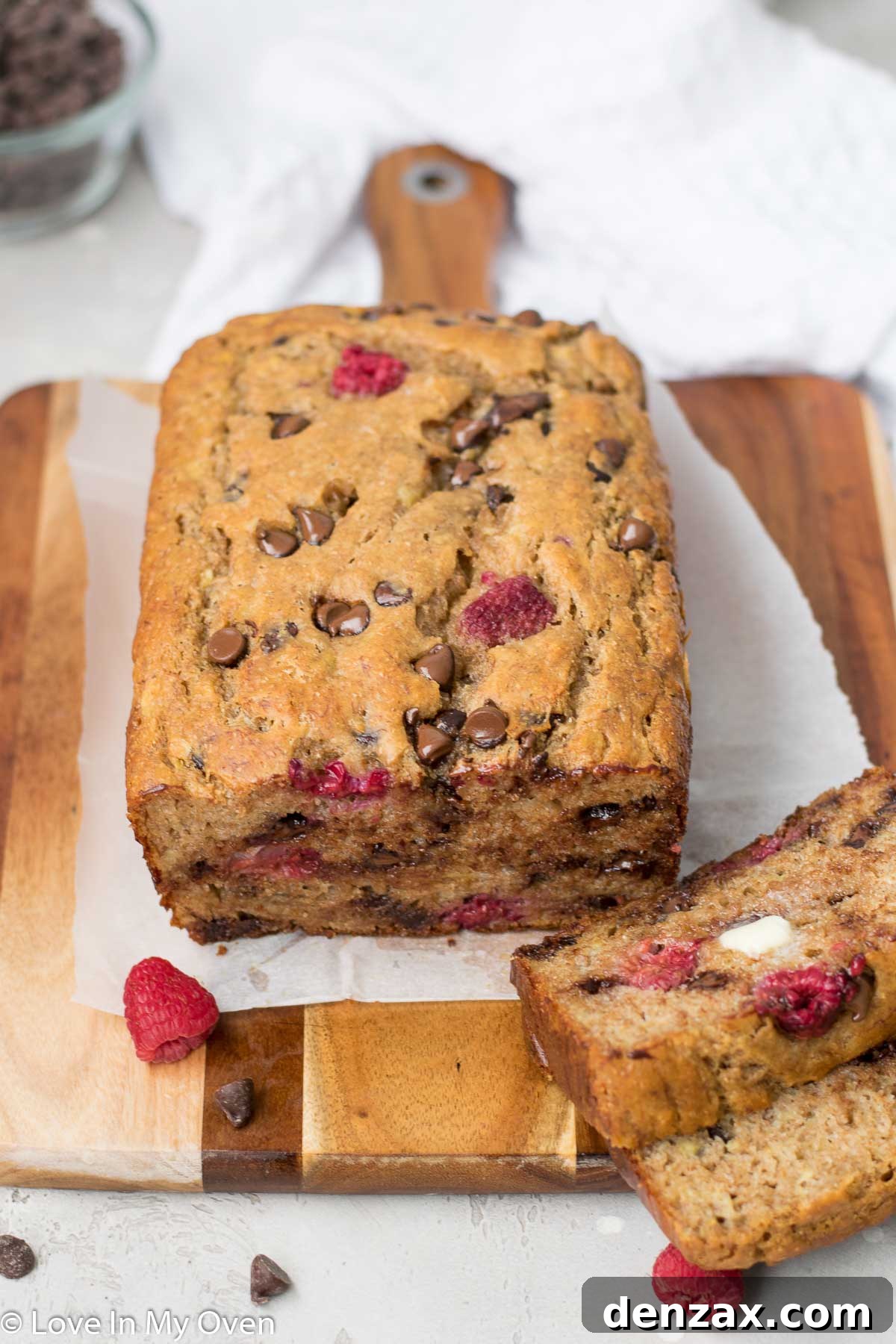 Full loaf of Raspberry Banana Bread with Chocolate Chips