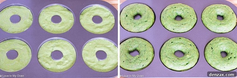 Green Monster Donut batter piped into a nonstick donut pan.