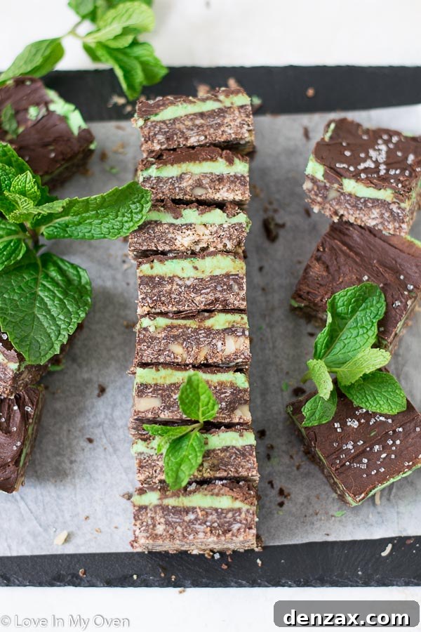 Close-up of Mint Nanaimo Bars showcasing the layers