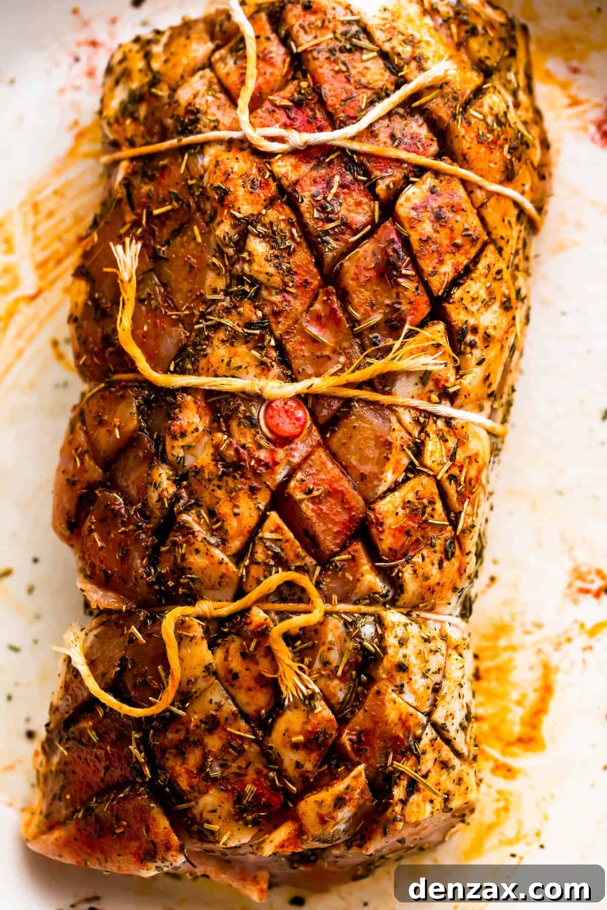 Herb-Crusted Pork Loin and Roasted Root Vegetables 4 raw pork loin roast tied with kitchen twine