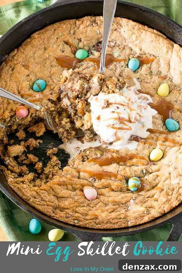 Finished mini egg skillet cookie, perfectly golden brown and inviting