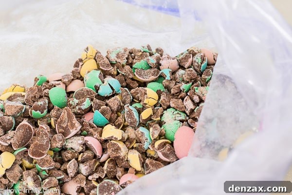Close-up of crushed mini eggs, ready to be folded into cookie dough