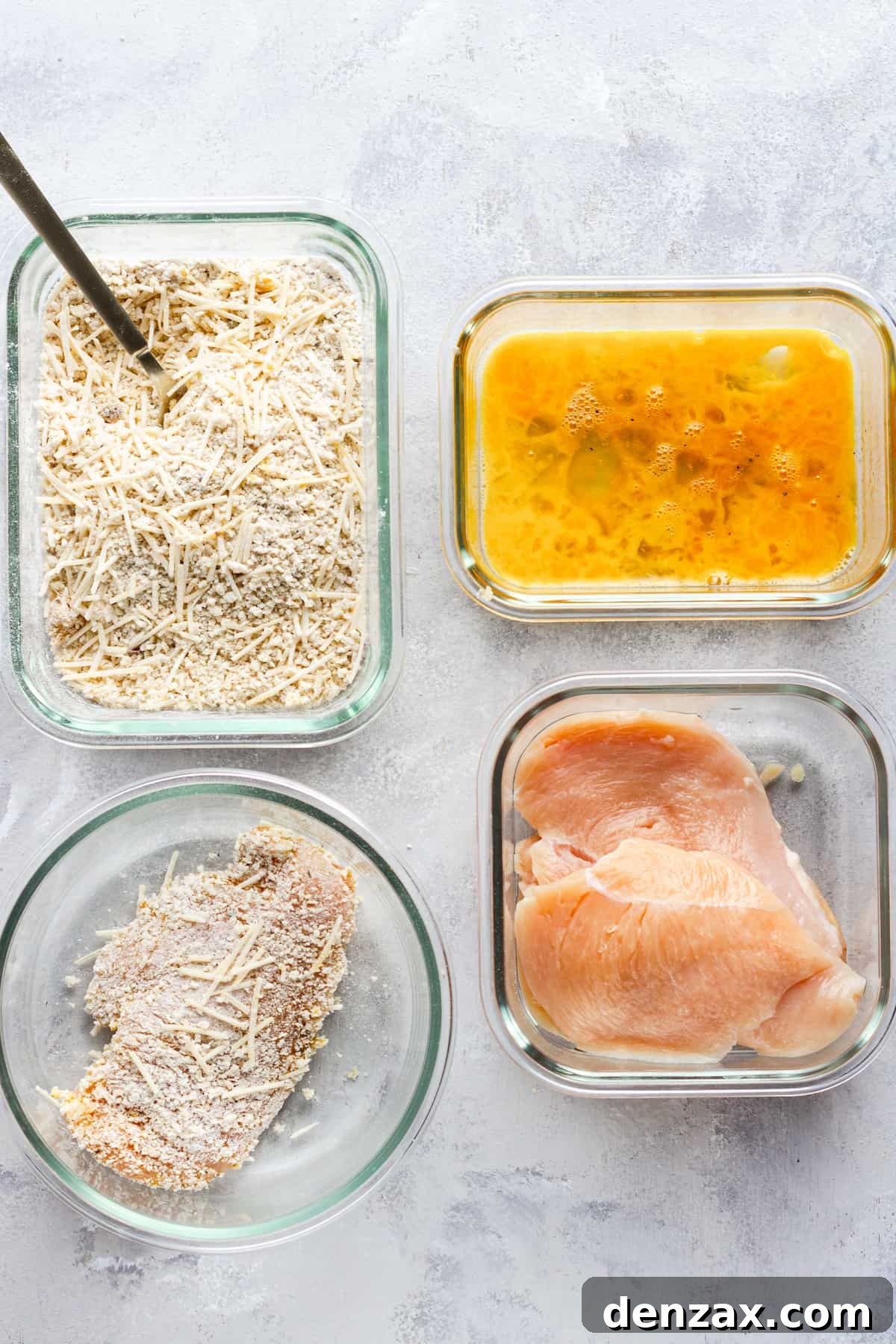 Three Pieces of Raw Chicken Beside a Piece of Raw, Coated Chicken and the Breading and Egg Mixtures