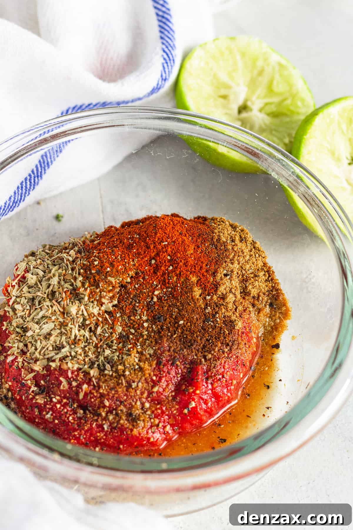 A glass bowl holds a rich mixture of tomato paste, various seasonings, and fresh lime juice, positioned next to a freshly juiced lime, highlighting the vibrant flavor components.