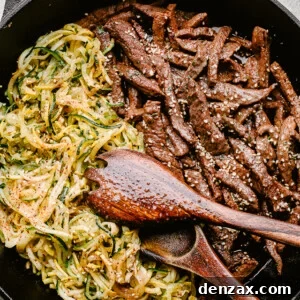 Skillet with flank steak and zoodles