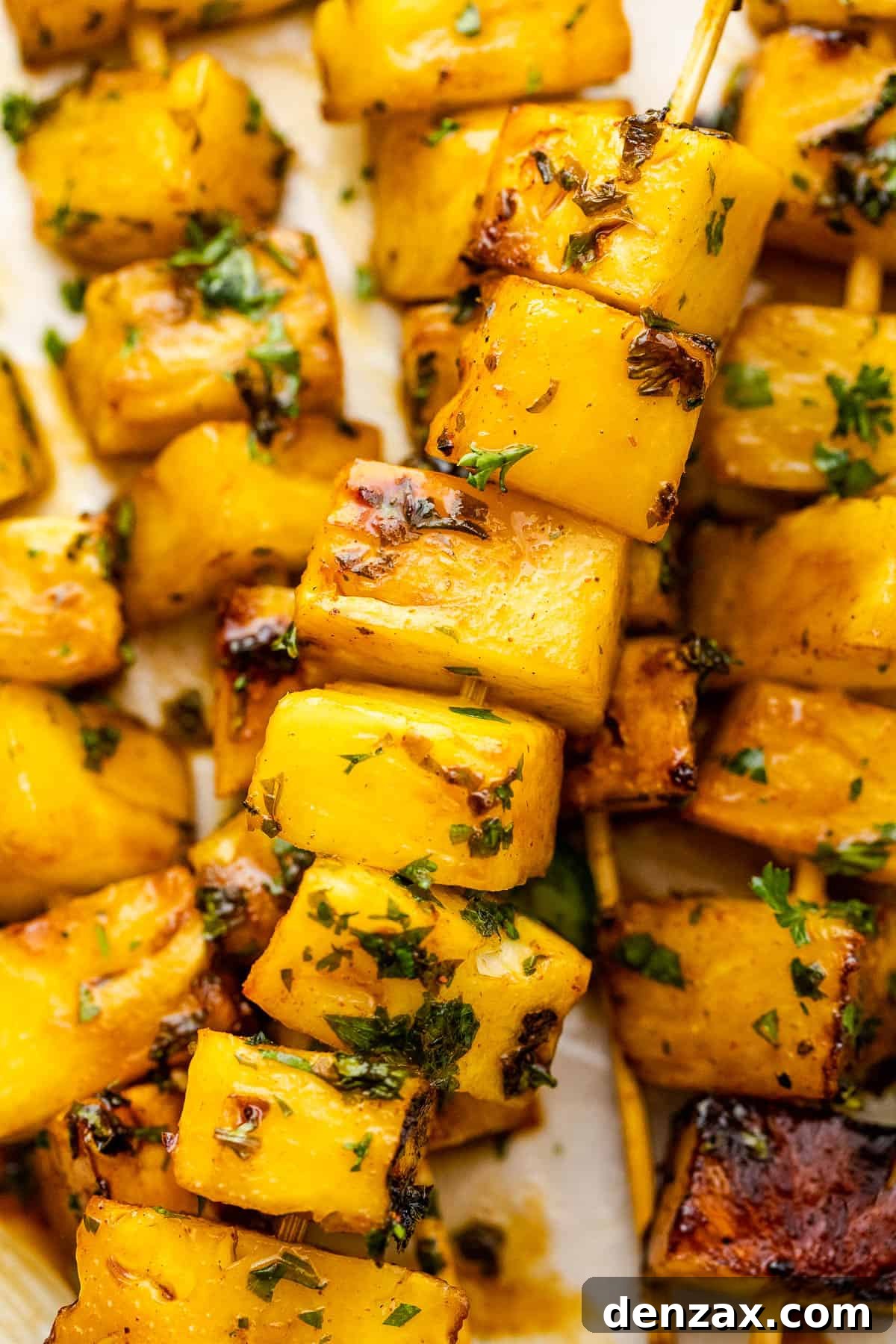 Close-up shot of several tequila grilled pineapple skewers on a serving platter, showing caramelization.
