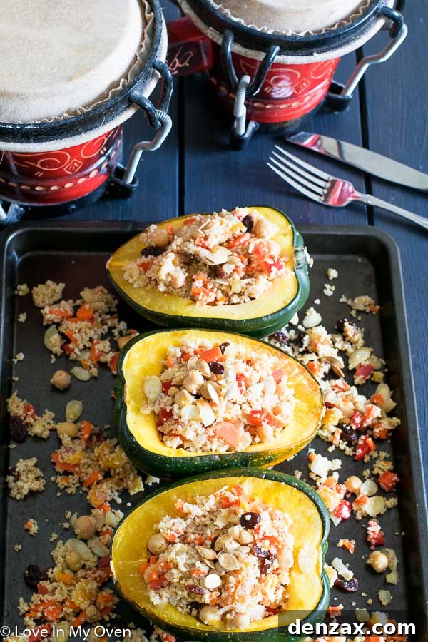 close-up of moroccan couscous stuffed acorn squash