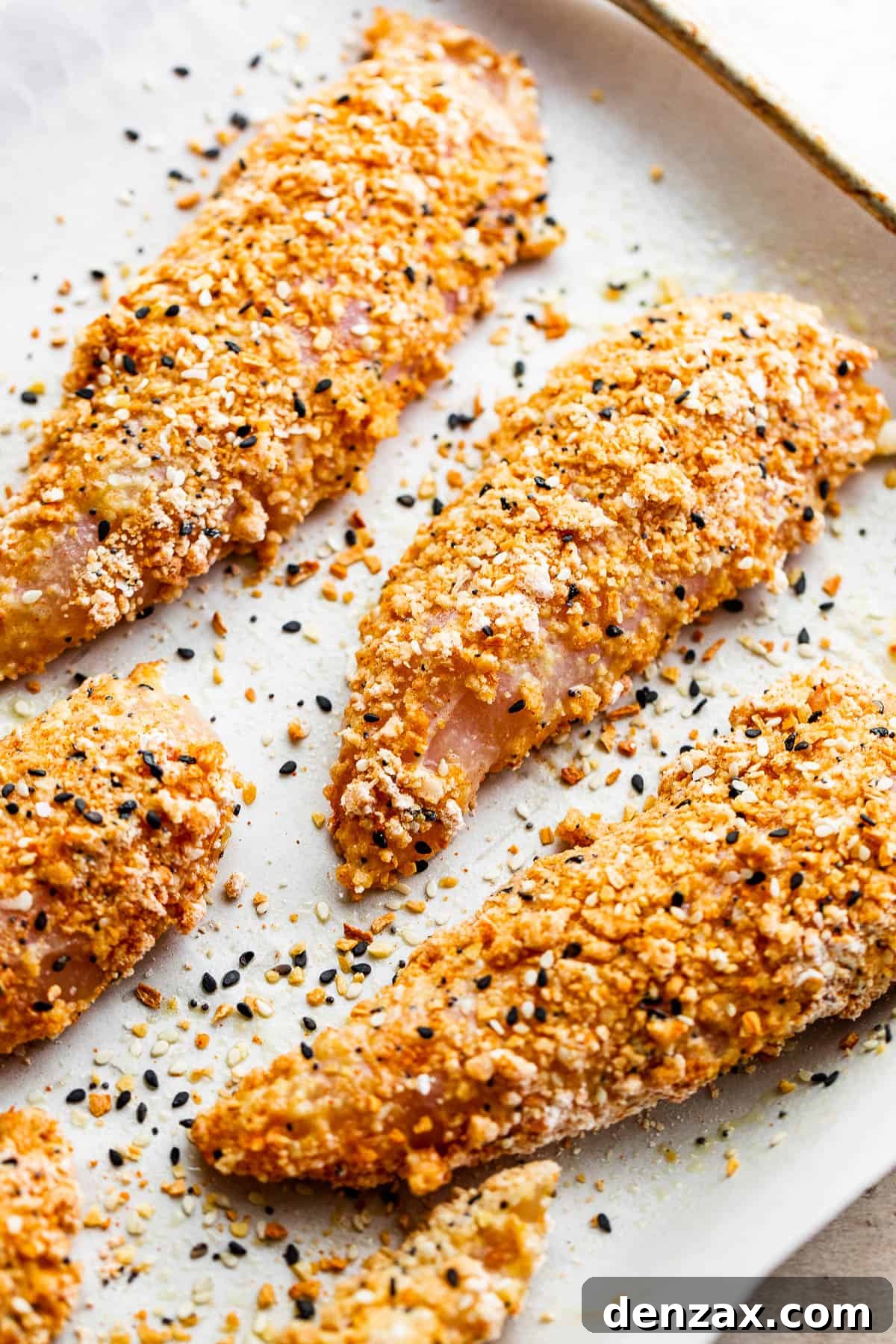 raw chicken tenders covered with everything bagel seasoning mix