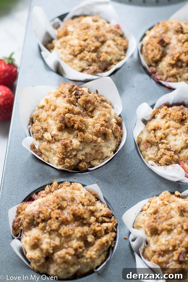 Freshly baked strawberry rhubarb muffins