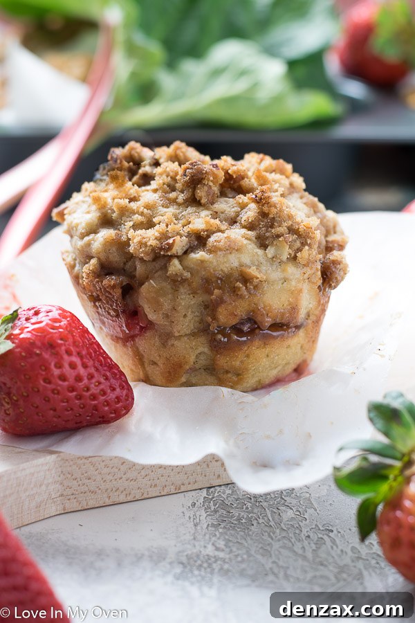 Close-up of strawberry rhubarb muffin