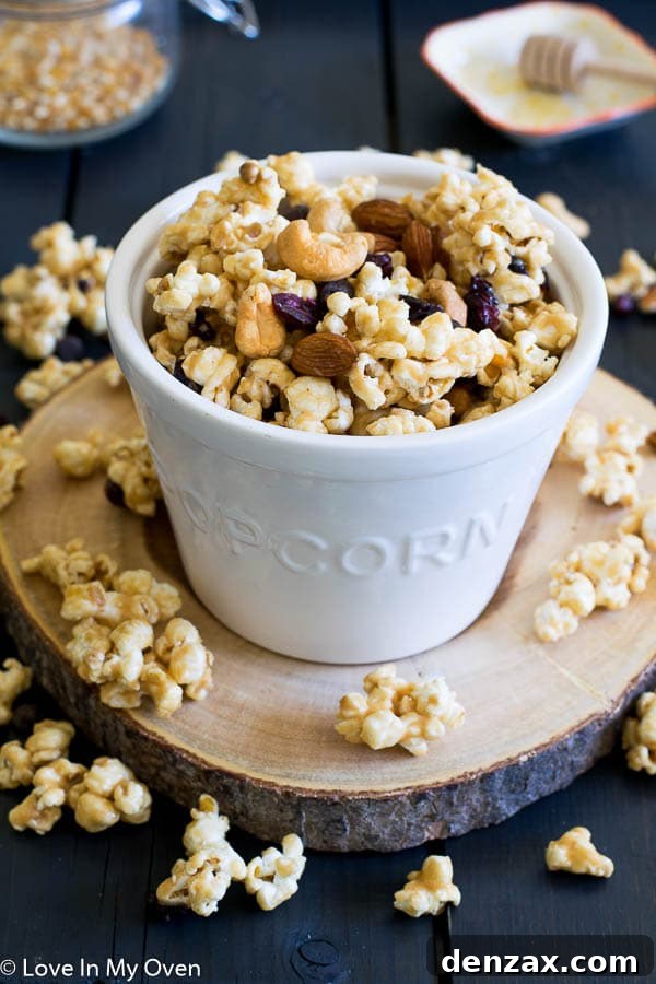 Delicious Trail Mix Popcorn with Peanut Butter and Honey
