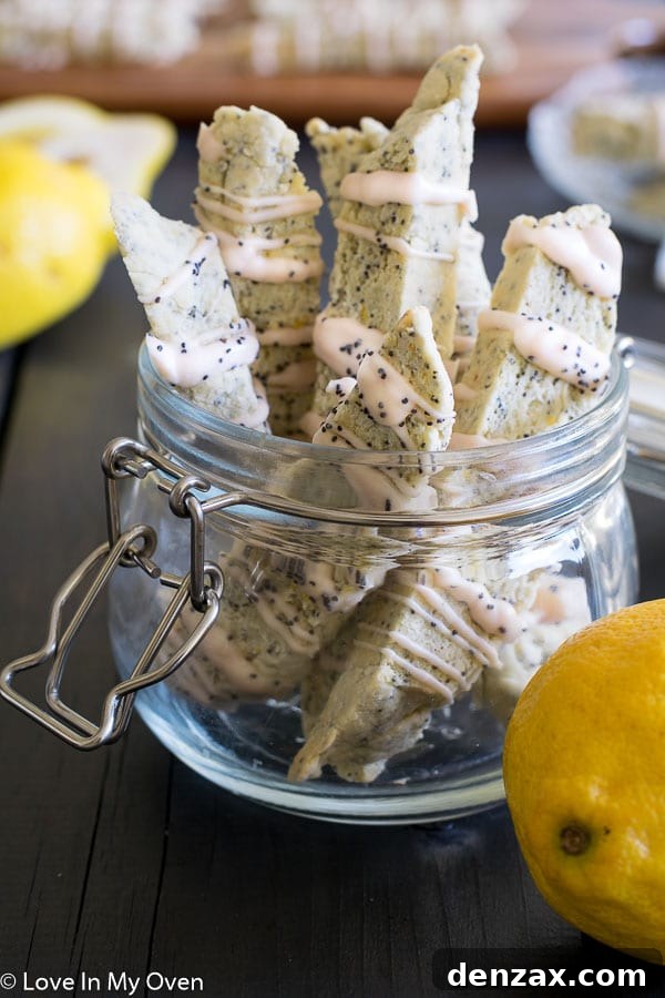 lemon poppy seed biscotti with white chocolate drizzle on a cooling rack