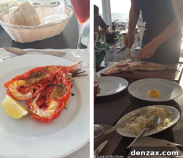 Freshly grilled prawns and fish served at an Algarve restaurant