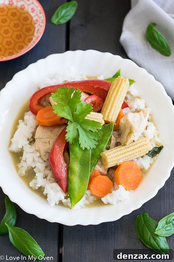 Close-up of a bowl of homemade Thai Green Chicken Curry