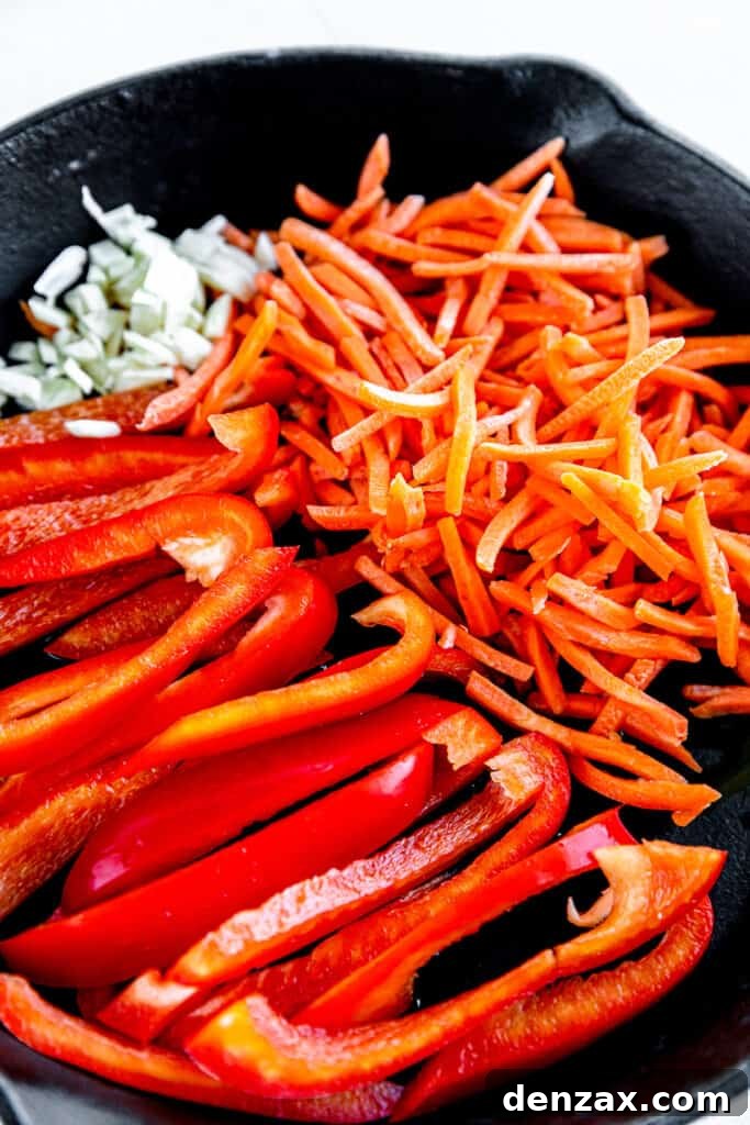 Raw Bell Peppers, Bean Sprouts and Shredded Carrots in a Skillet