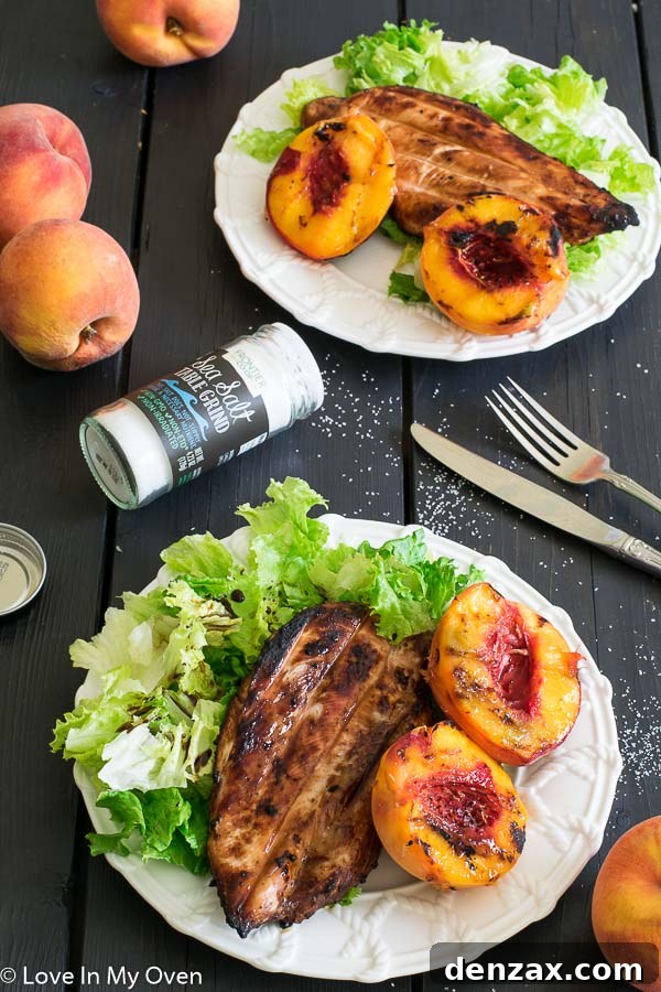Plated Grilled Chicken with Sea Salted Peaches and Greens