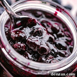 Close up of a jar of homemade blueberry sauce, perfect for a recipe card.