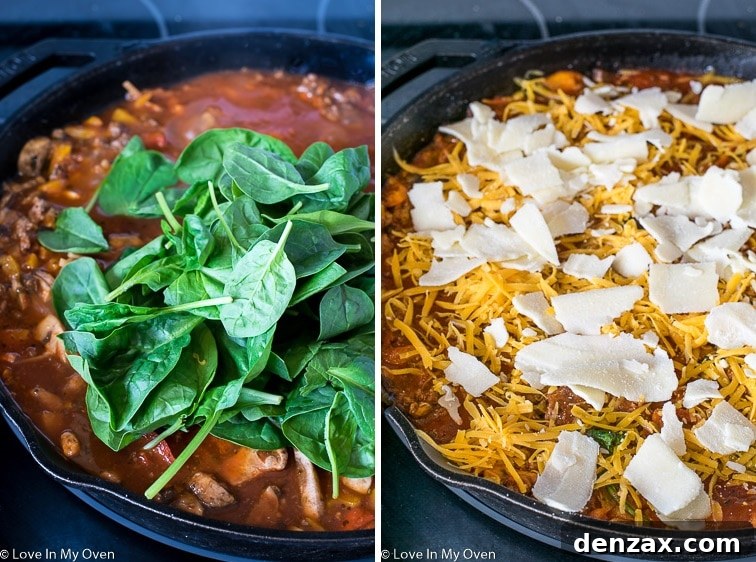 A serving of creamy skillet linguine with meat sauce and melted cheese in a bowl, garnished with fresh basil.