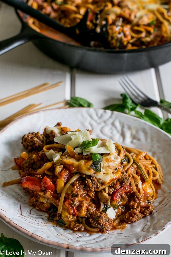 A wider shot of the skillet linguine, showcasing the generous portion of pasta and sauce in the pan.