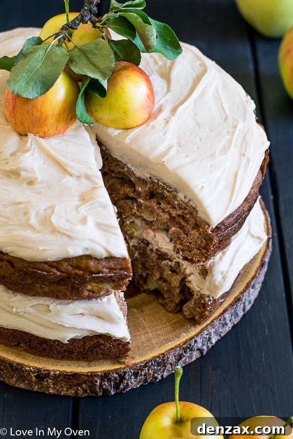 Close-up of Salted Caramel Apple Cake with frosting