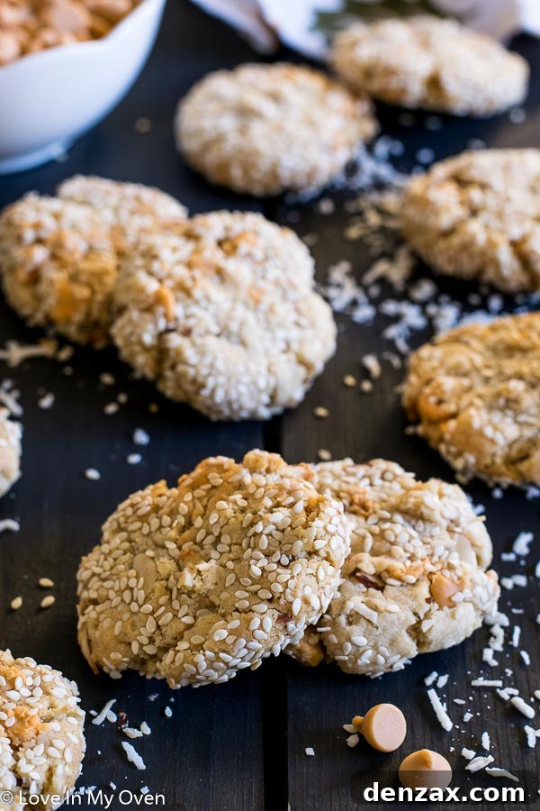 Overhead view of Butterscotch Mountain Cookies on a wooden board
