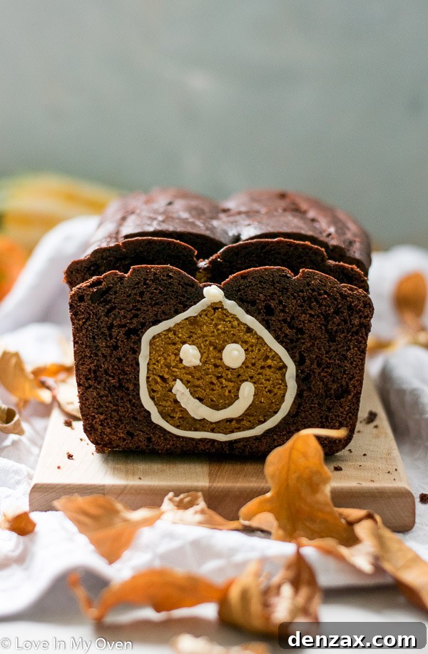 Moist Pumpkin Chocolate Loaf with a hidden pumpkin shape inside, perfect for fall baking