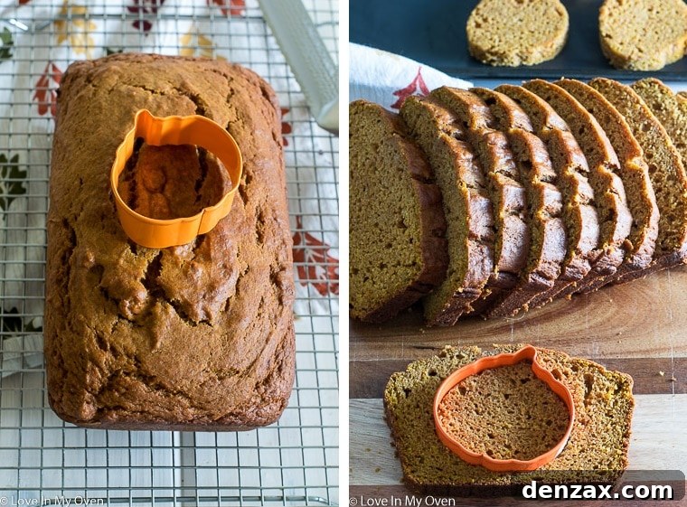 Step-by-step image of pumpkin loaf slices and cookie cutter for peekaboo effect