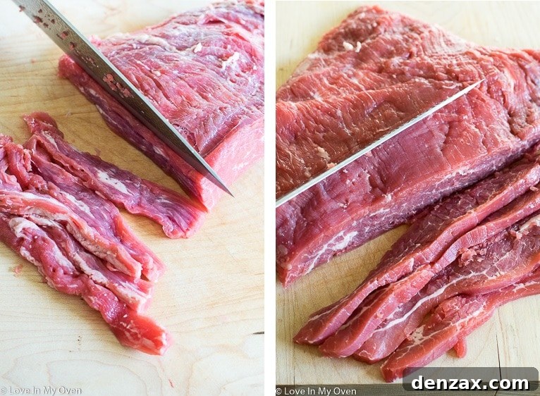 Slicing Beef for Jerky: Along the grain (left) vs. Against the grain (right)