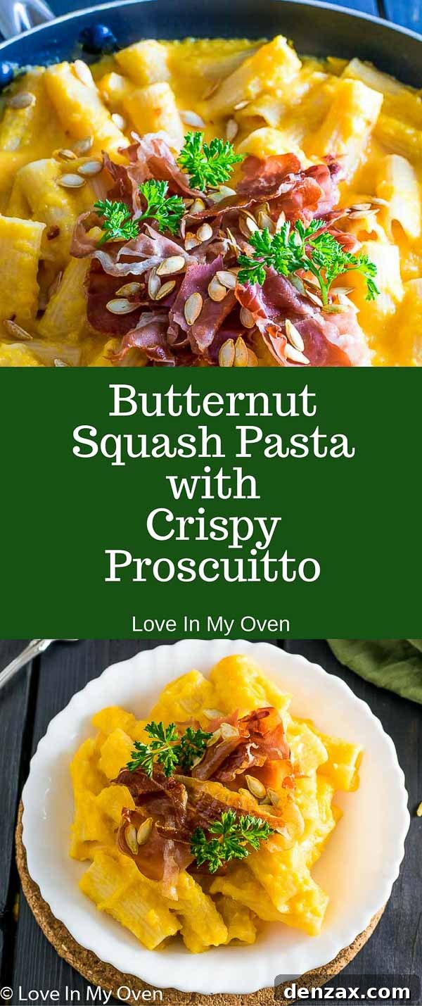butternut squash pasta and crispy prosicutto close-up, showing rich sauce and garnishes