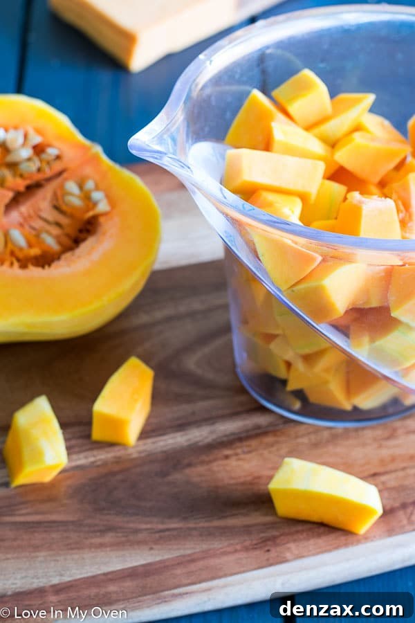 Ingredients for Butternut Squash Pasta, including fresh squash, garlic, and rigatoni