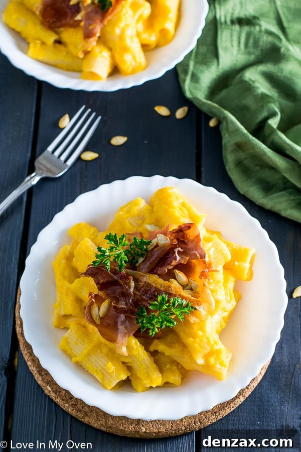 Butternut Squash Pasta with Crispy Prosciutto served in a bowl, ready to eat
