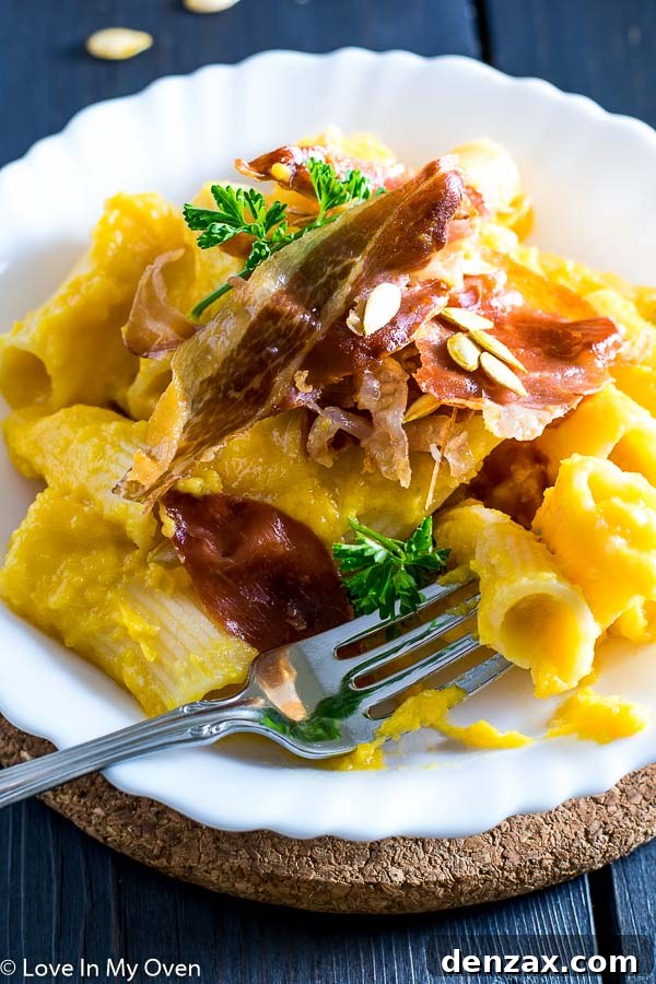 Another angle of Butternut Squash Pasta with Crispy Prosciutto, showcasing texture